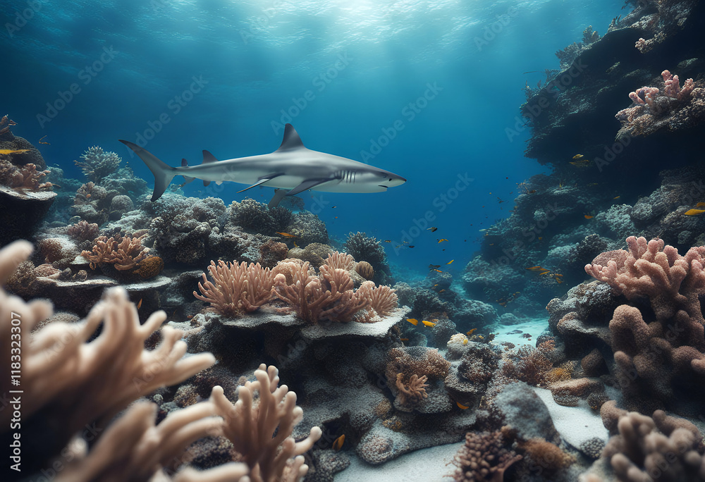 Fototapeta premium shark reef jaw danger teeth red sun sea life salt deep swim dive hard blue fish light