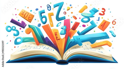 a 2D cartoon illustration of a math book with numbers and equations, educational and fun, white background--ar 16:9