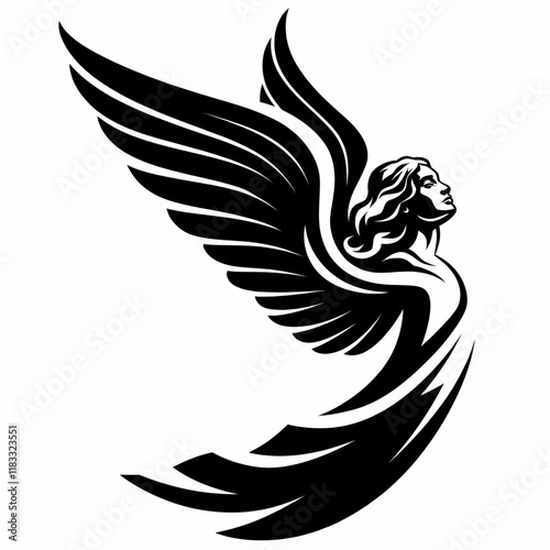 Modern angel logo in black and white, sleek design with dynamic pose and elegant wings