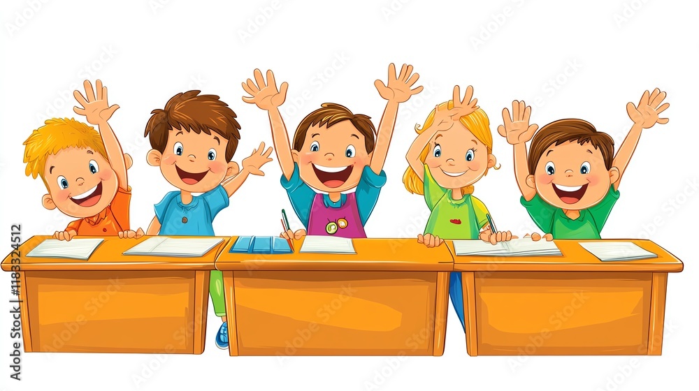 a 2D cartoon illustration of a classroom with students raising their hands, interactive and fun, white background--ar 16:9 a 2D cartoon illustration of a classroom with students raising their hands, interactive and fun, white background--ar 16:9