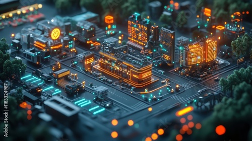 adoption of blockchain technology in Small and Medium Enterprises blockchain theme, showing small companies like real state, grocery store, NFT market place, startups icons all on a blockchain network