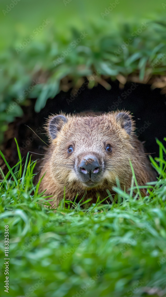 Wombat emerging from burrow, surrounded by lush green grass Wombat emerging from burrow, surrounded by lush green grass