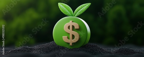 Large 3D dollar icon sprouting green leaves, symbolizing agricultural growth, profit, and sustainability, bright natural farm backdrop, 3D render
