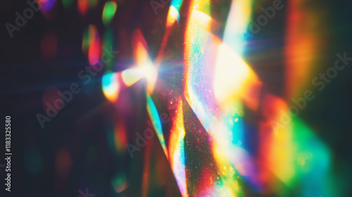 Prismatic light leaks with rainbow bokeh on dark background