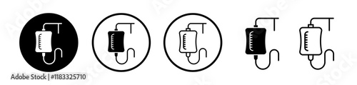 Blood transfusion icons set in black filled and line stroke style on white background