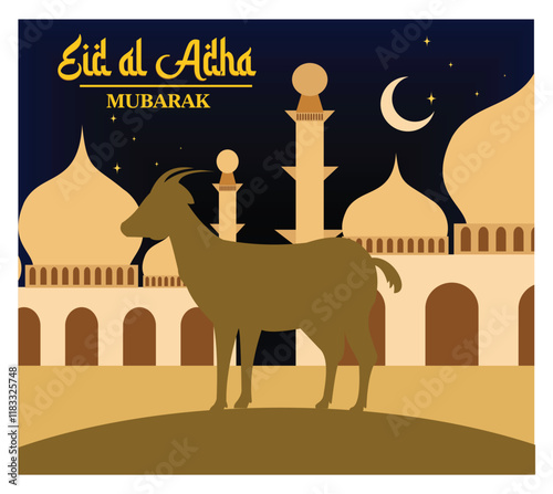 Eid al-Adha Greeting Card with Goat and Mosque Under Crescent Moon.