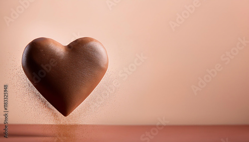 A textured chocolate heart hovers above a smooth surface, casting a soft shadow, creating a warm and inviting aesthetic.