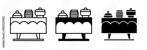 Catering buffet icons set in black filled and line stroke style on white background