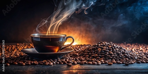 Panoramic Dark Background Hot Black Coffee Steam Aroma Drink