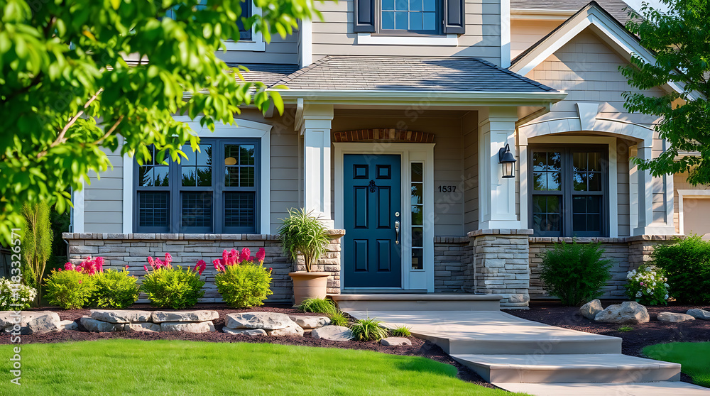 A two-story house with a teal front door, stone accents, and landscaped lawn. The home features a covered porch and large windows. Landscaping includes flowering plants and mulch. A two-story house with a teal front door, stone accents, and landscaped lawn. The home features a covered porch and large windows. Landscaping includes flowering plants and mulch.