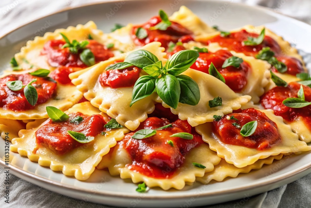 Panoramic Delicious Ravioli with Tomato Sauce and Fresh Basil on White Background Panoramic Delicious Ravioli with Tomato Sauce and Fresh Basil on White Background