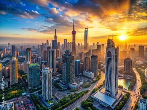 Panoramic Dawn: Shanghai's Jing'an District Business Skyline Aerial View photo