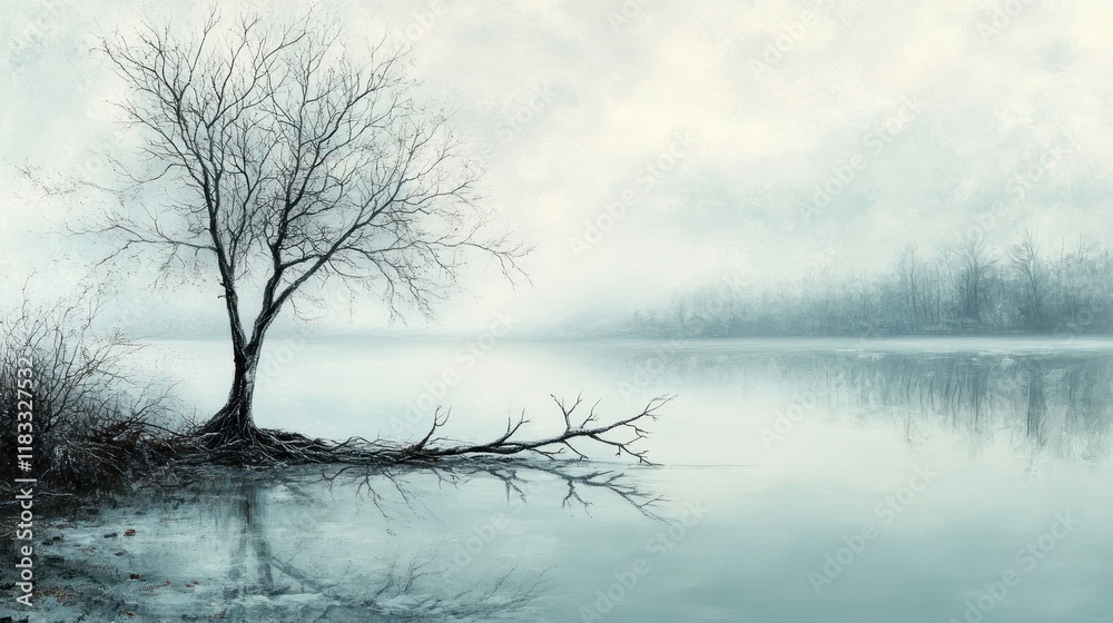 Lone tree, misty lake, winter scene, serene landscape, nature background Lone tree, misty lake, winter scene, serene landscape, nature background