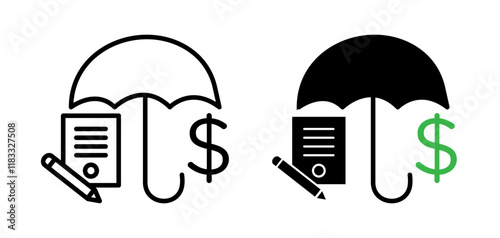 Insurance policy icons set in black filled and line stroke style on white background