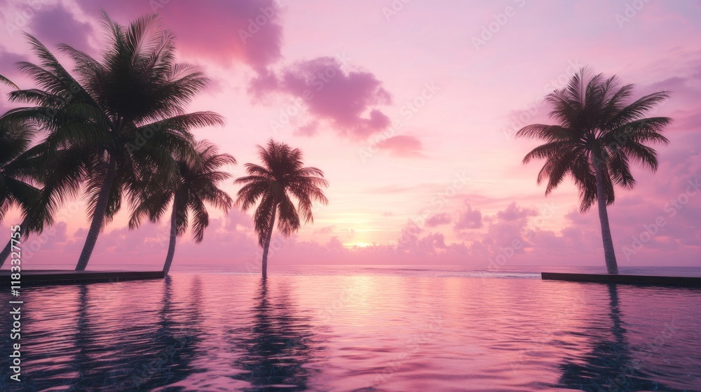 Fototapeta premium Pink sunset over tropical pool, palm trees reflecting, tranquil beach scene, travel brochure