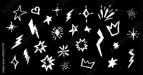 Crayon firecracker stars heart and crown in black color. BW collection of rock n roll design elements. Grunge texture punk and grafitty symbols. Cartoon charcoal handdrawn icons. Vector illustration.