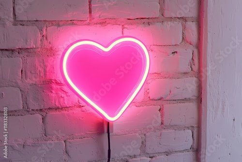 Vibrant Pink Neon Heart Light on White Brick Wall Background photo