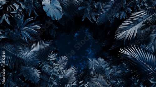 Dark blue tropical leaves frame. photo