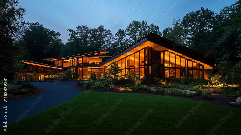 Illuminated Modern House in Wooded Area at Dusk Illuminated Modern House in Wooded Area at Dusk