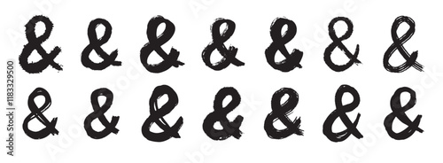 Ampersand bold letter mark ink brush grunge style set. Ampersand punctuation mark for lettering, social media, logo. Hand drawn icons isolated on white background