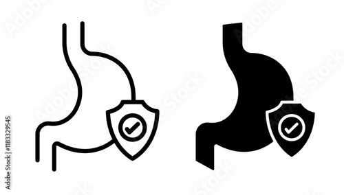 Stomach protection  icons set in black filled and line stroke style on white background