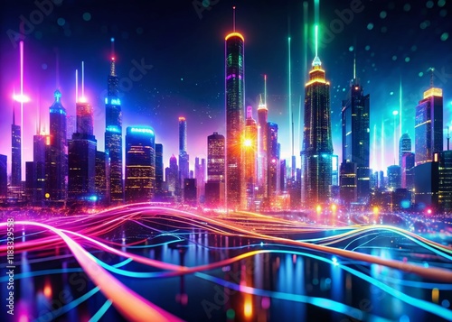 Panoramic Futuristic Neon Cityscape: Abstract Glowing Lines & Digital Waves Background