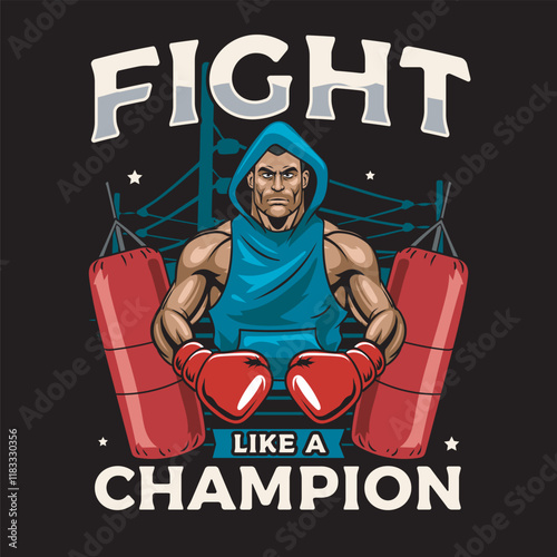 Vector Illustration of Boxer Wearing Hoodie with Punching Bag in Detailed Vector Illustration Available for Tshirt Design