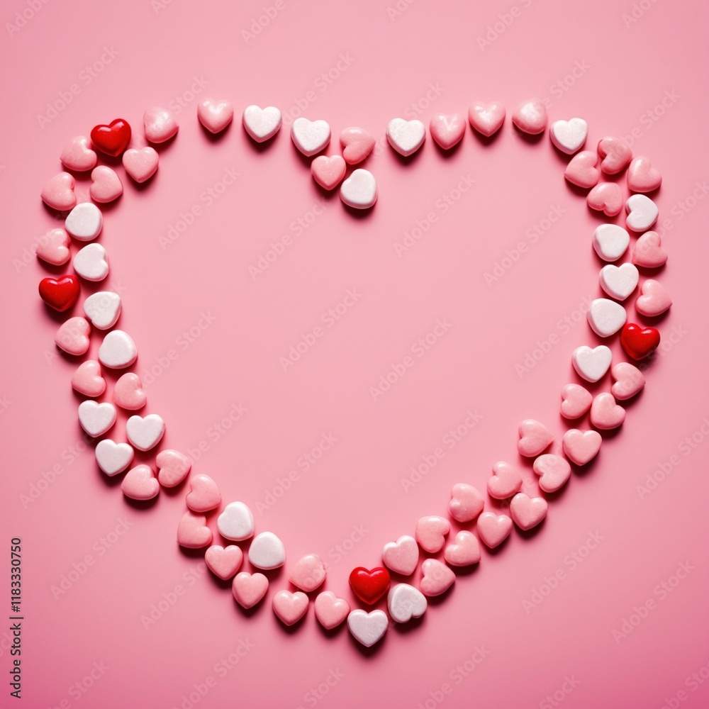 Obraz premium Romantic heart candies border on pink backdrop for valentine's day