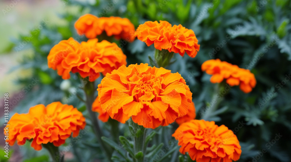 Background with bright orange marigolds in the garden close-up Background with bright orange marigolds in the garden close-up