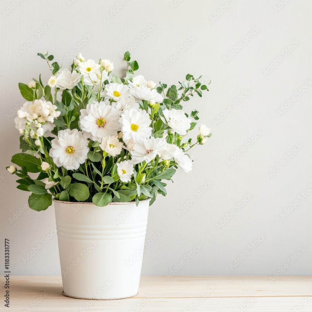 a bucket of white flowers in a white vas a bucket of white flowers in a white vas
