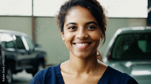 Smiley young African American female car repair master looking at camera. Meet the smiley car repair master, where expertise meets enthusiasm in every repair!