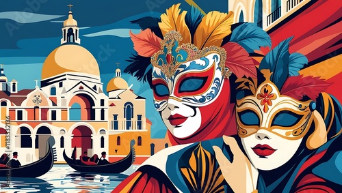 Venetian Masks and Gondolas in a Picturesque Setting