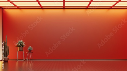 Fiery red minimalist colonial room, blank wall, metallic floor, a small stool, potted succulents, and glowing translucent ceiling. photo