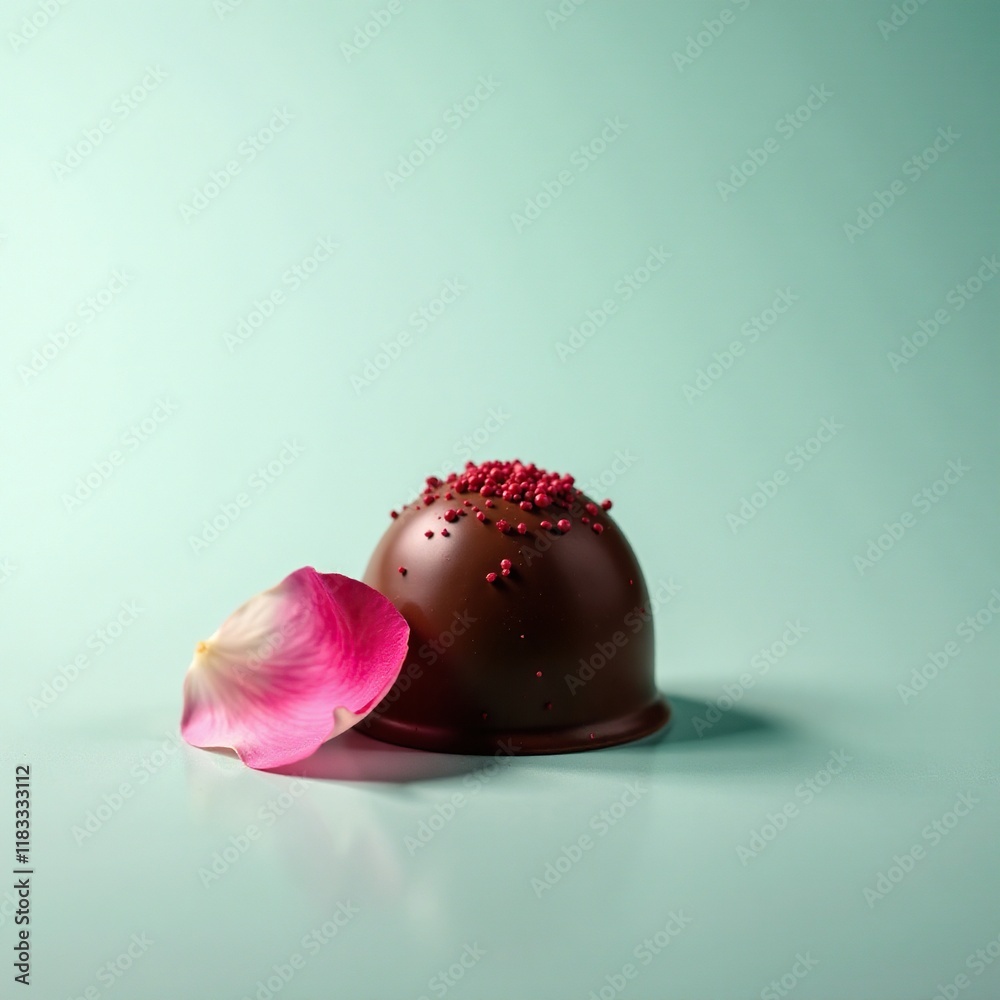 A single rose petal rests on a chocolate truffle, flower, gourmet, refined A single rose petal rests on a chocolate truffle, flower, gourmet, refined