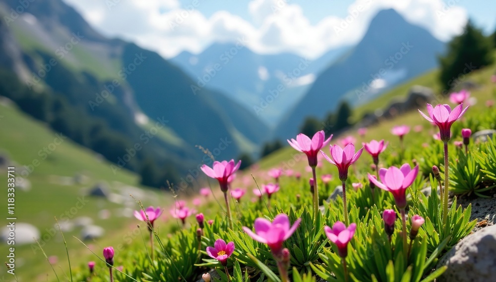 Obraz premium Delicate pink flowers in a rocky alpine meadow, nature, alpine meadow
