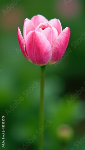 delicate pink petals unfolding on a slender green stem, spring, greenery, pink