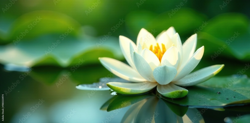 Delicate white petals unfolding on a water lily pad, peaceful, greenery Delicate white petals unfolding on a water lily pad, peaceful, greenery