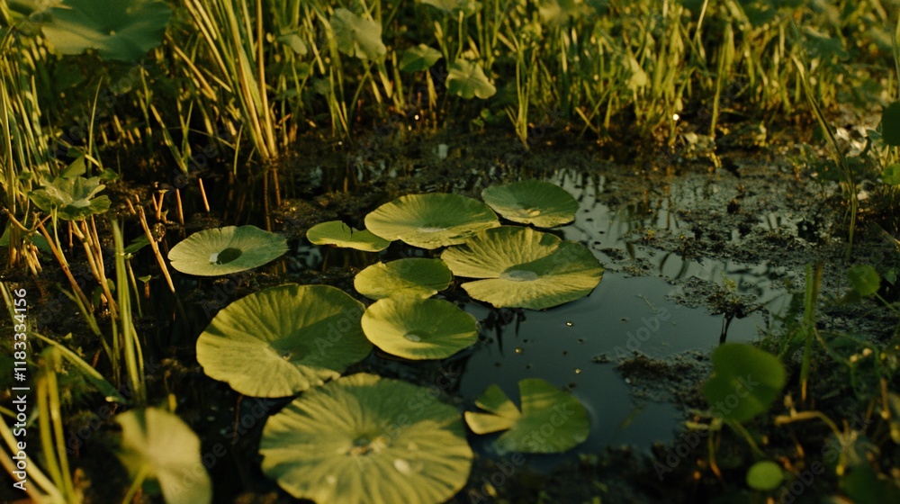 Lush green lily pads float on calm, dark water in a serene swamp or marsh. Lush green lily pads float on calm, dark water in a serene swamp or marsh.