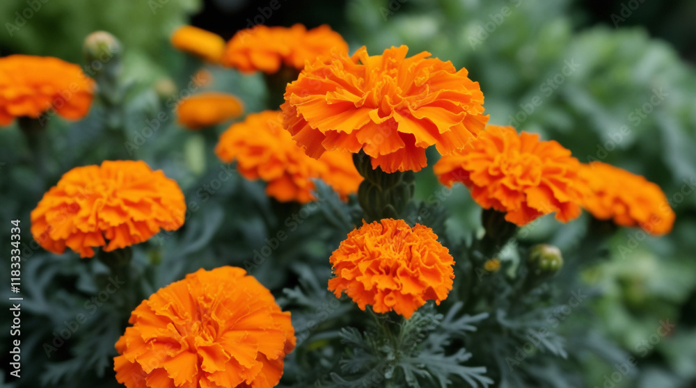 Background with orange marigolds in the garden close up Background with orange marigolds in the garden close up