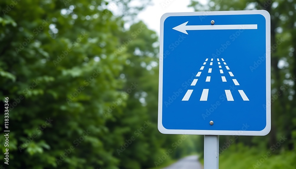 Blue Road Sign Indicating Left Turn Lane and Multi Lane Highway Ahead Blue Road Sign Indicating Left Turn Lane and Multi Lane Highway Ahead