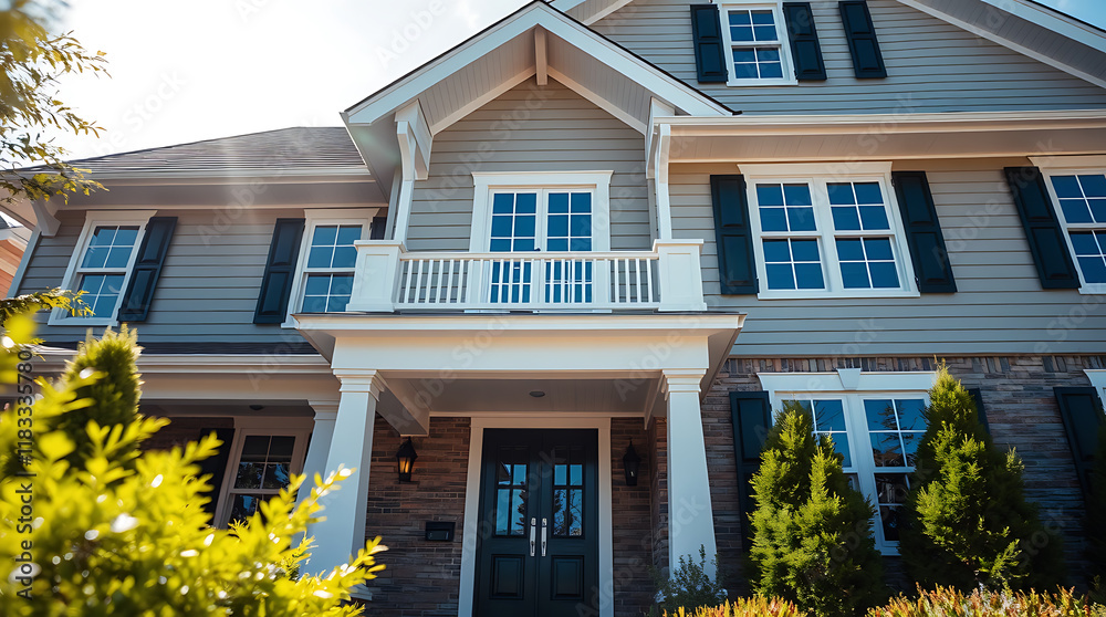 Two-story house with gray siding, white trim, and dark-framed windows. Features a balcony above the front door and landscaping around the base. Sun shining on the front of the house. Two-story house with gray siding, white trim, and dark-framed windows. Features a balcony above the front door and landscaping around the base. Sun shining on the front of the house.