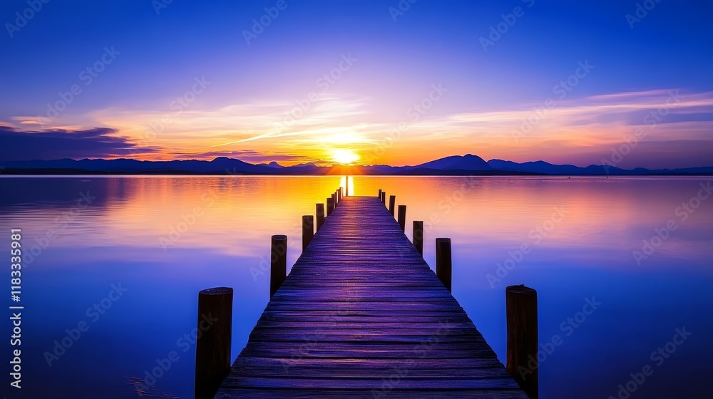 Fototapeta premium Serene sunset over a calm lake with a wooden pier leading into the horizon.