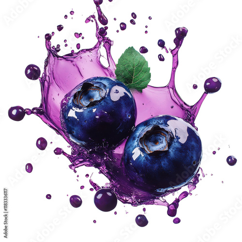 Fresh blueberries splashing in vibrant purple juice, isolated on white background.