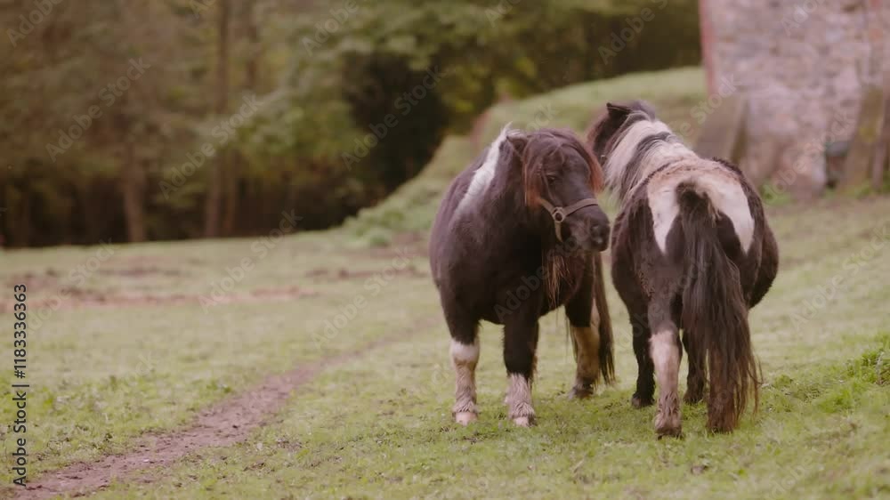 Two shetland ponies interacting in a green field Two shetland ponies interacting in a green field
