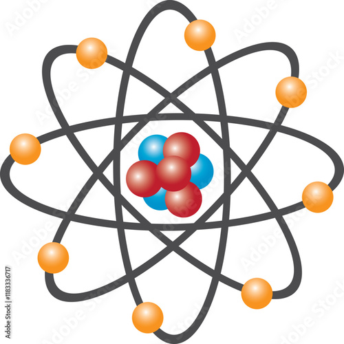 atom structure model. nucleus of protons and neutrons. orbital electrons. vector illustration isolated on white background.