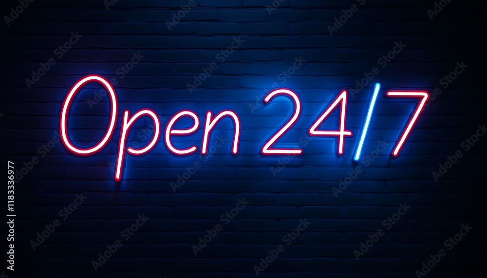 Neon Sign Open 24/7 Always Available Service Business Sign Bright Colors Night Neon Sign Open 24/7 Always Available Service Business Sign Bright Colors Night