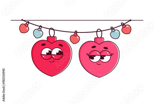 Retro characters hearts in groovy style. Couple in love, Lovely and psychedelic mascots with face. Happy Valentines day. Isolated on white background