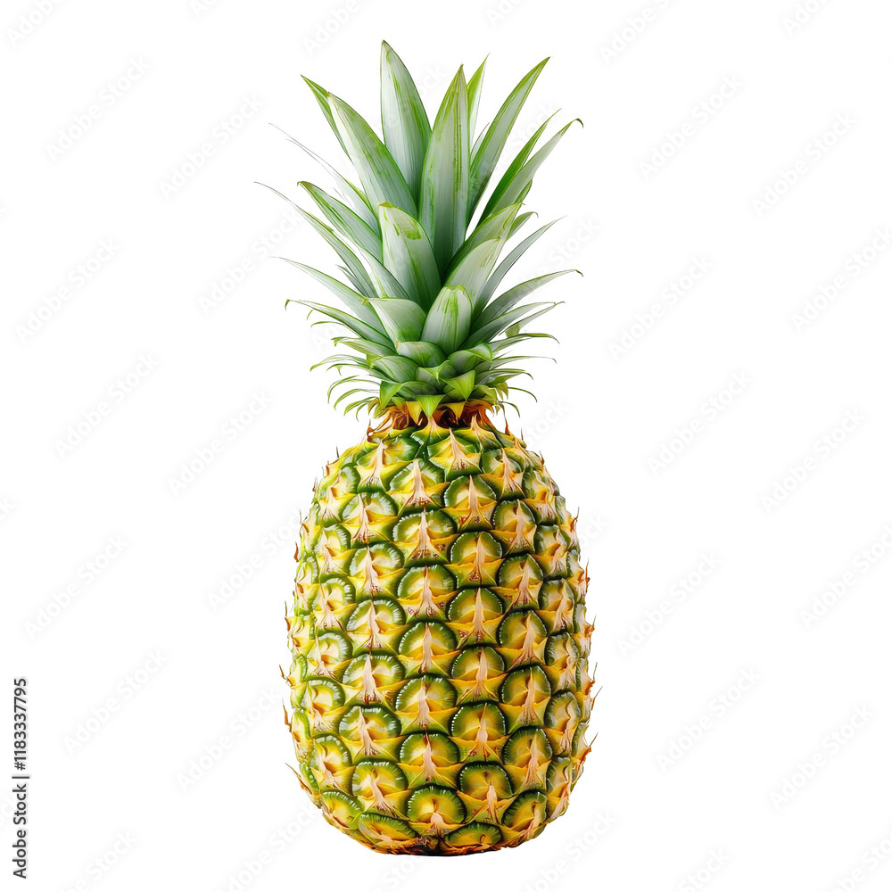 Fresh pineapple with vibrant green leaves on a white isolated background. Fresh pineapple with vibrant green leaves on a white isolated background.
