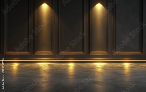 Golden spotlights on minimalist colonial wall, polished concrete flooring, glowing edge details, clean design.