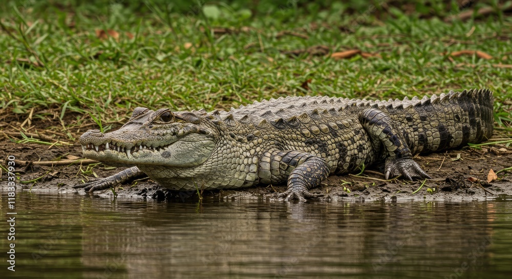 Crocodile Resting Near the Water's Edge on a Sunny Day in a Natural Habitat Crocodile Resting Near the Water's Edge on a Sunny Day in a Natural Habitat
